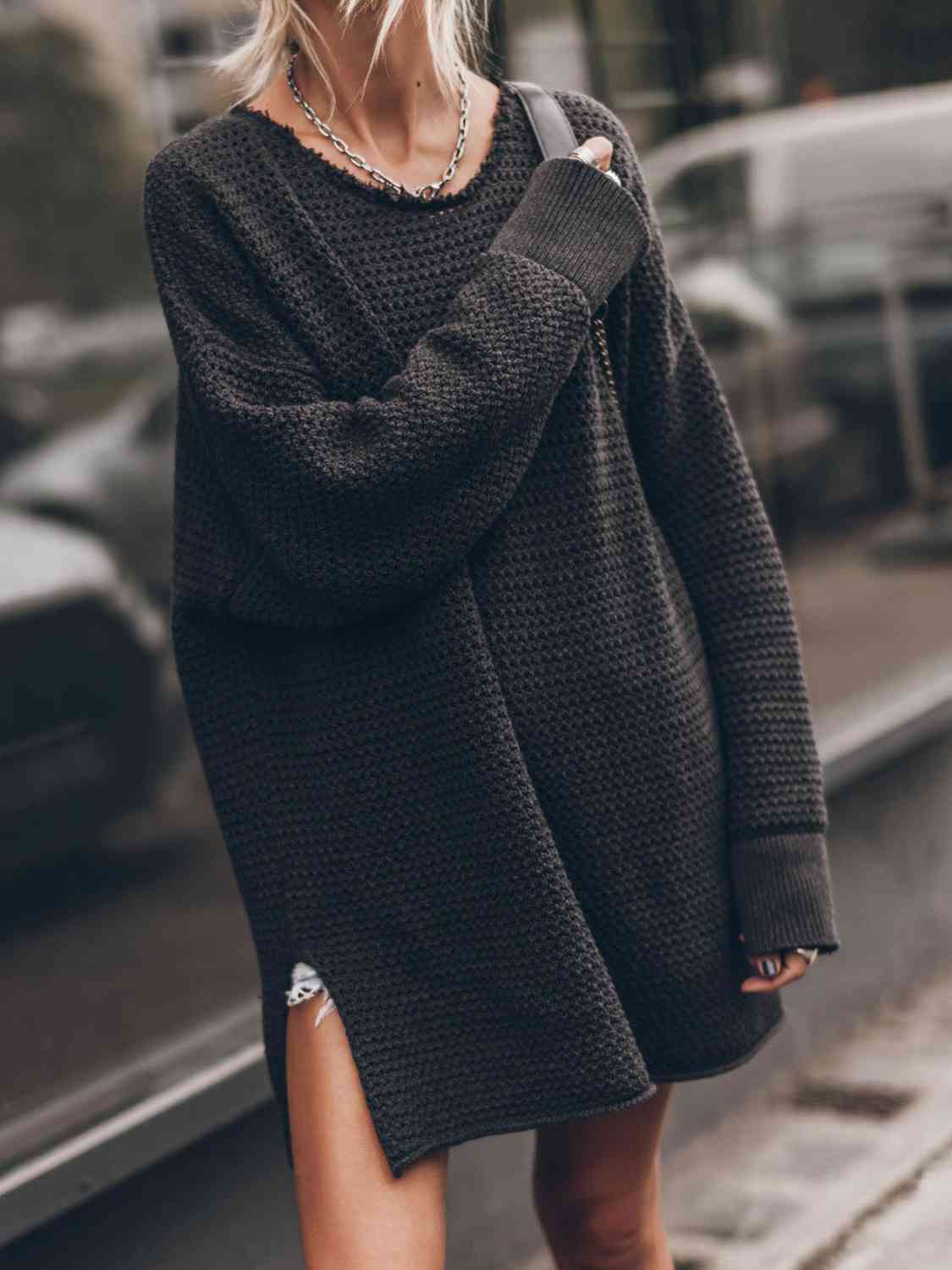 Openwork Round Neck Long Sleeve Slit Oversized Fashion Sweater