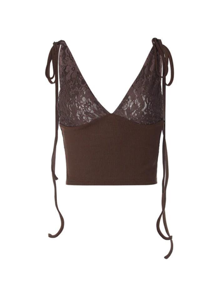 Lace Splice V Neck Lace Up Tank Top - HouseofHalley