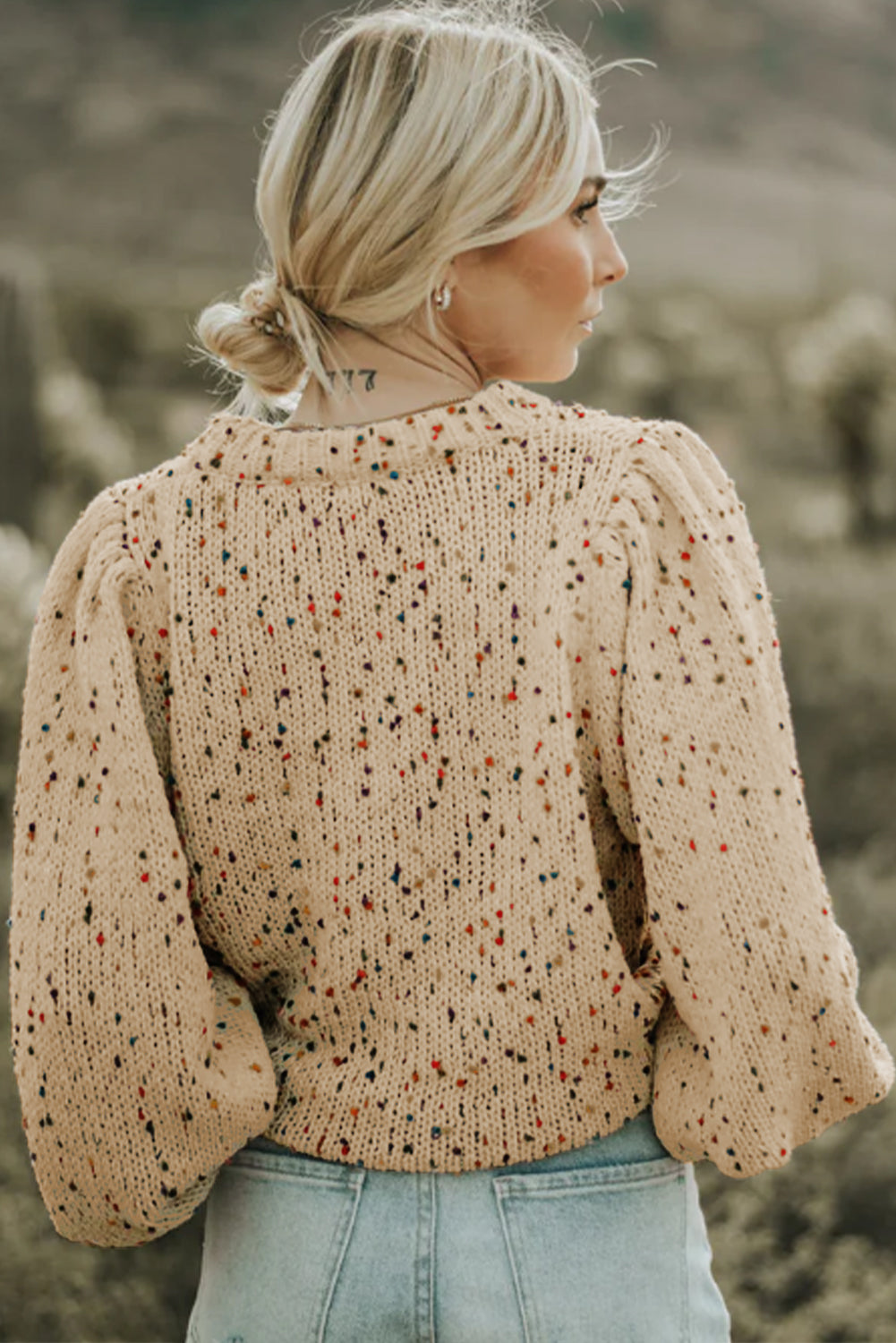 Light French Beige Colorful Dots Cable Knit Crew Neck Long Sleeve Sweater