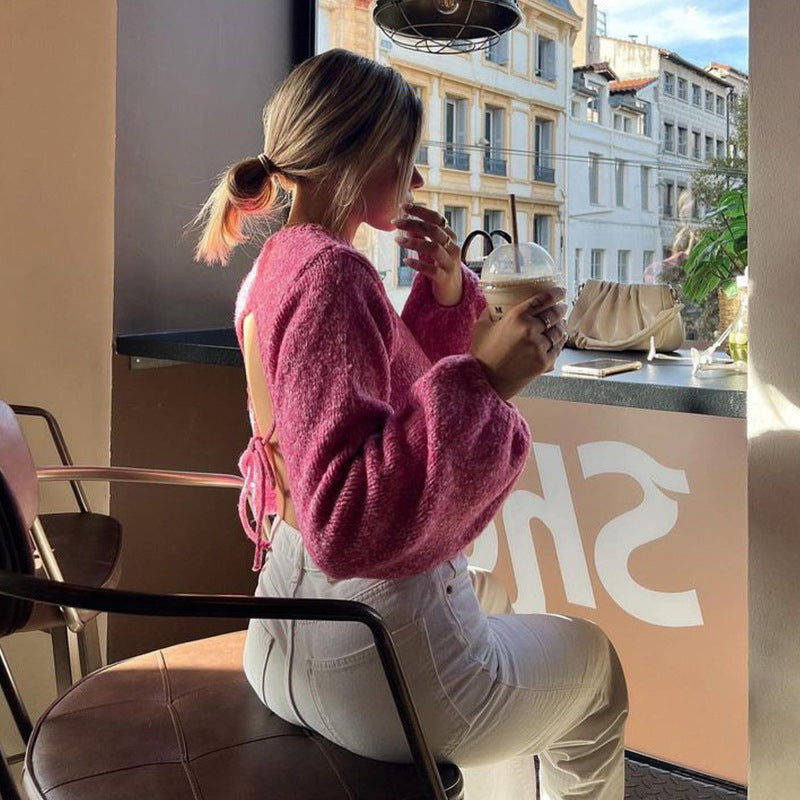 Women's round neck long sleeve sexy backless strappy sweater short versatile hot girl top