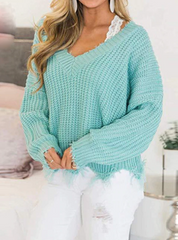 OFF THE SHOULDER SWEATER FOR WOMEN FRINGE DISTRESSED KNITTED