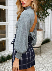 Women Openwork Knitted Tight Lantern Sleeve Bare Back Sweater