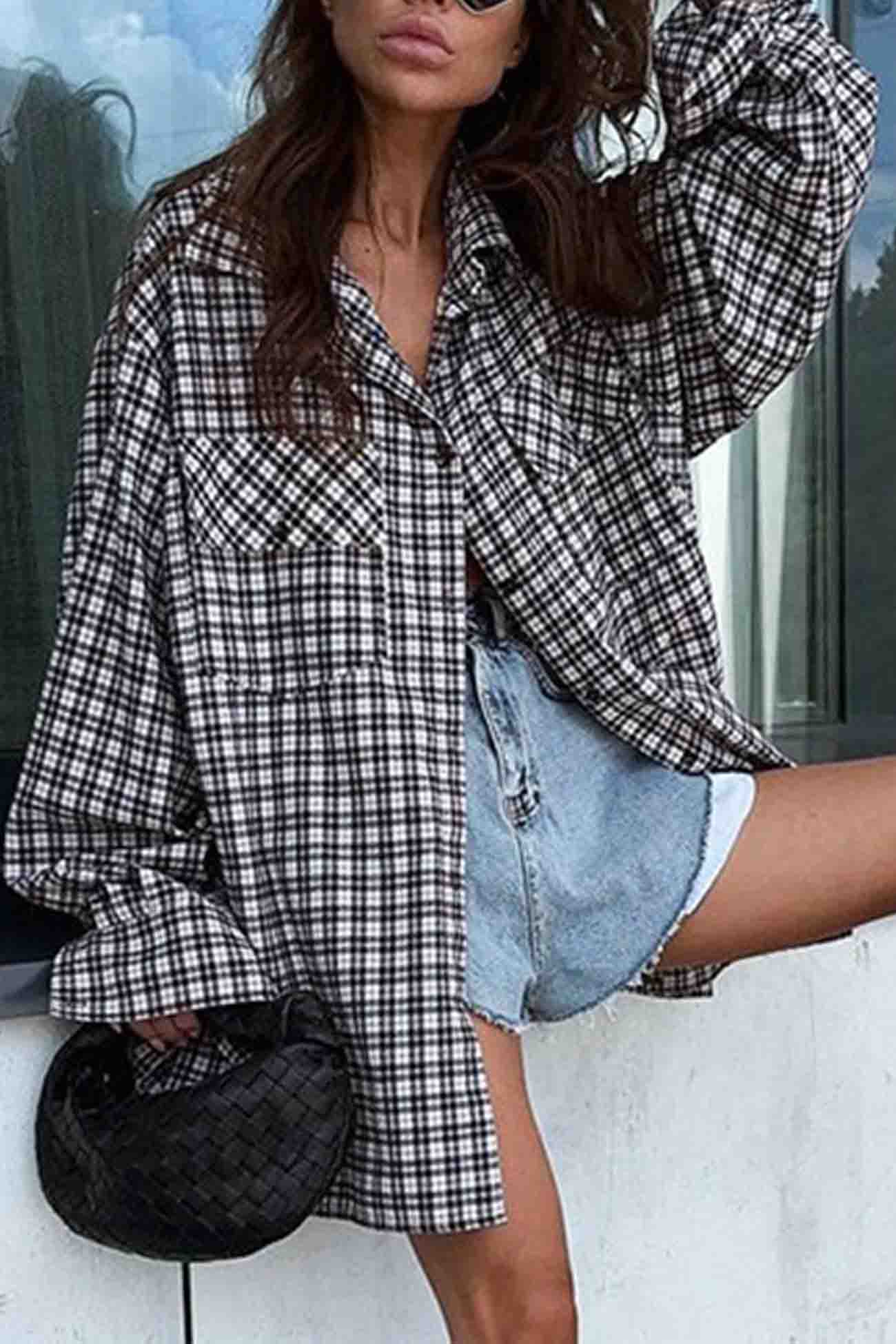 Plaid Drop Shoulder Lantern Sleeve Long Blouse