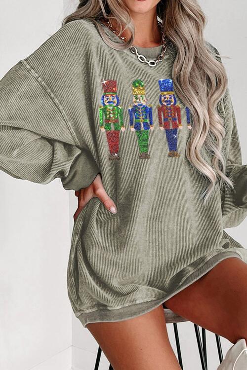 Sequin Nutcracker Drop Shoulder Holiday Sweatshirt