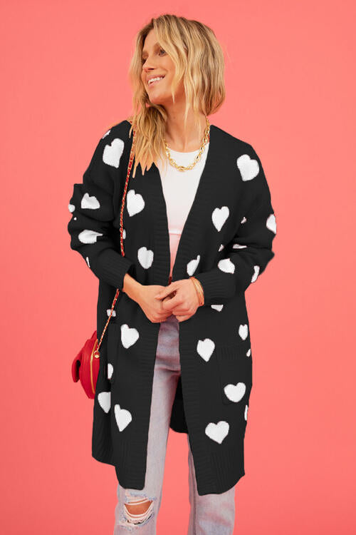 Heart Graphic Open Front Cardigan with Pockets Sweater