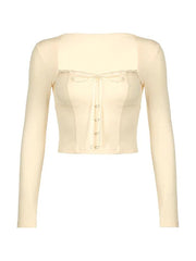 Square Neck Lace Splice Tie Front Long Sleeve Tee