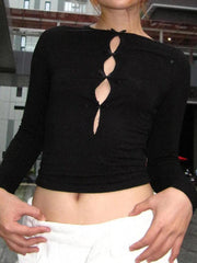 Solid Cutout Bow Decor Long Sleeve Tee - HouseofHalley