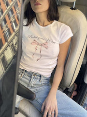 Short Sleeve Lettering & Bow Print Crop Tee - HouseofHalley