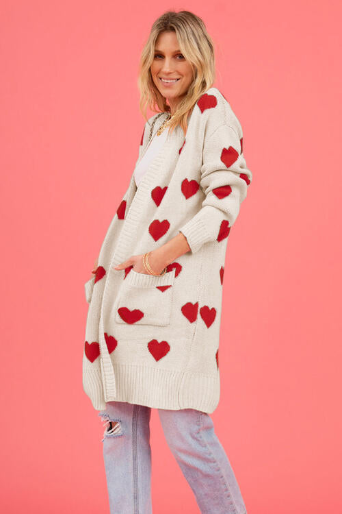 Heart Graphic Open Front Cardigan with Pockets Sweater