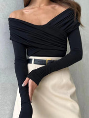 Solid Crossover Pleated Long Sleeve Tee - HouseofHalley