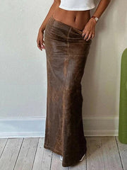 Vintage Brown Back Slit Low Waist Leather Maxi Skirt - HouseofHalley