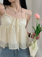 Tie-Front Ruched See-Through Mesh Crop Cami Top - HouseofHalley