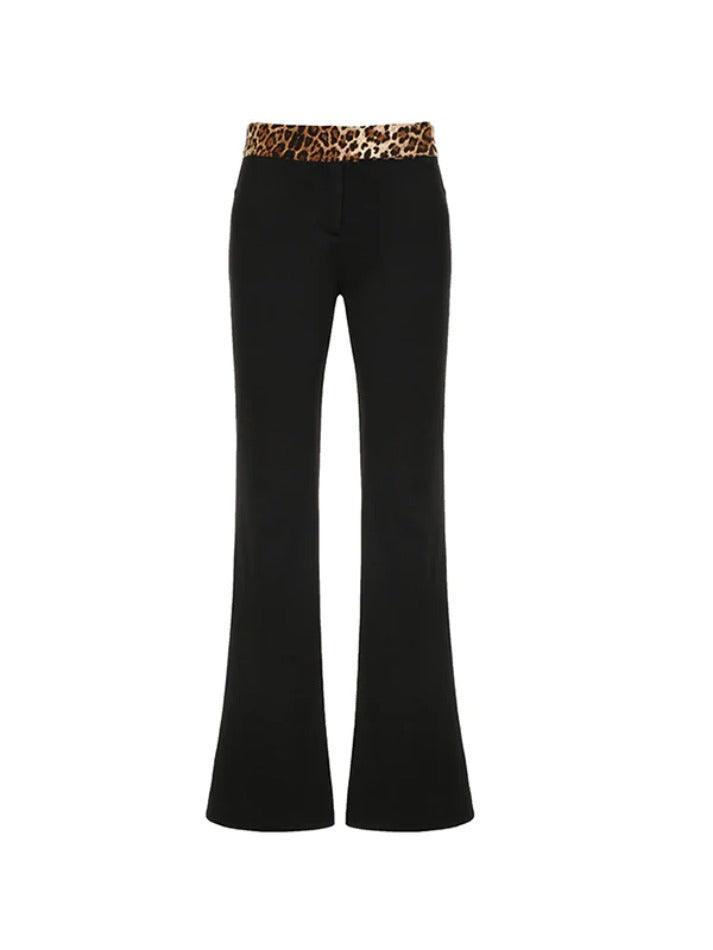 Leopard Splice Elastic Waist Flare Leg Pants