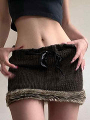 Plush Hem Ribbon Lace Up Mini Skirt