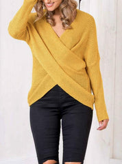 Women Cross Long Sleeve Deep V-neck Long Sleeve Sweater
