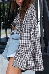 Plaid Drop Shoulder Lantern Sleeve Long Blouse