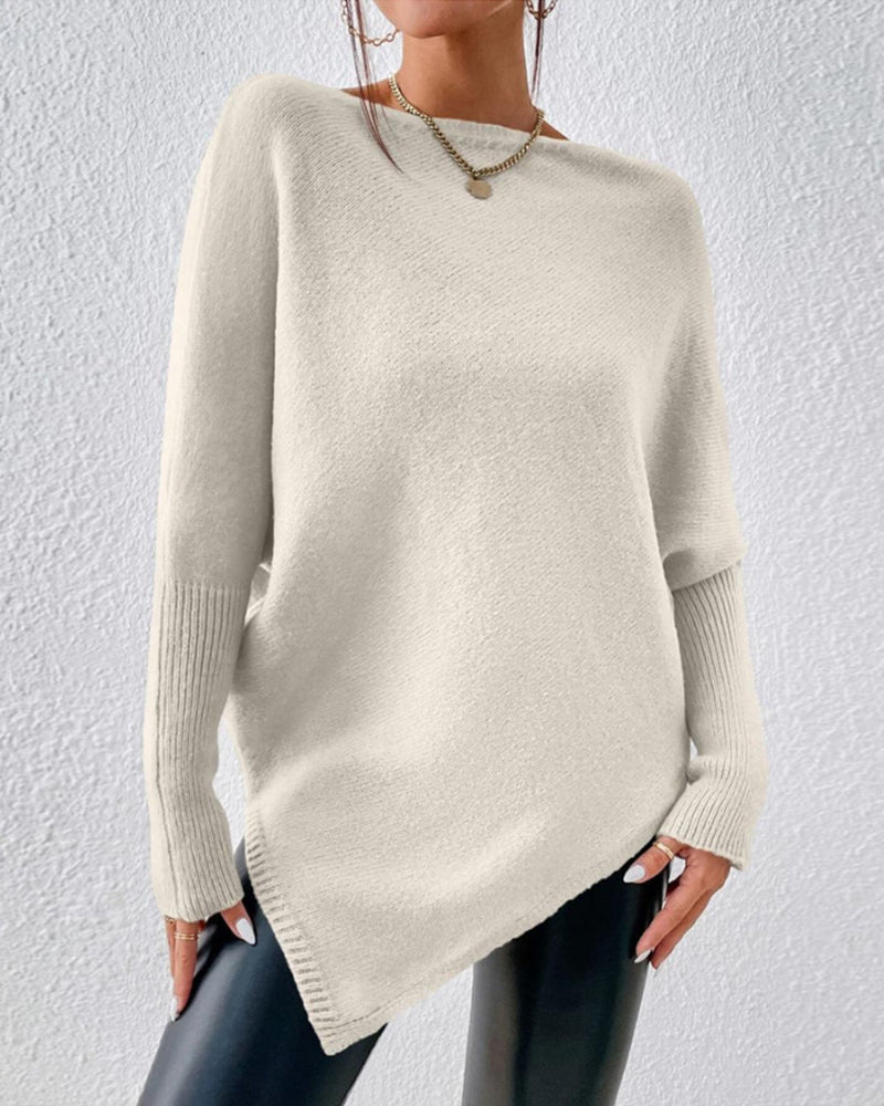 Solid Color Sweater with Irregular Hem