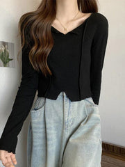 Solid V Neck Slit Hem Long Sleeve Knit
