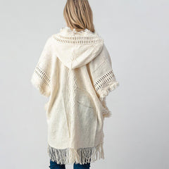 Fringed Crochet Buttoned Hooded Throw Over Poncho