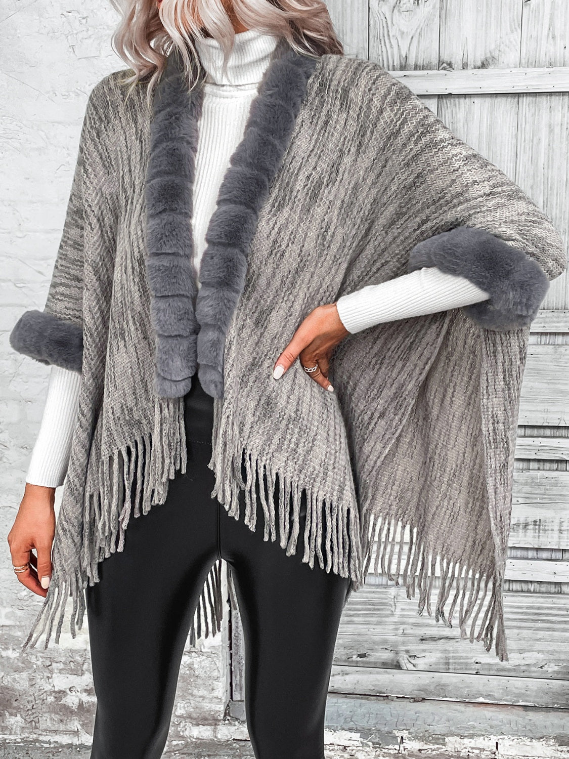 Open Front Fringe Hem Faux Fur Poncho