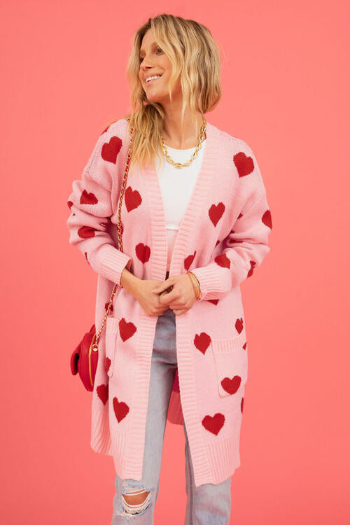 Heart Graphic Open Front Cardigan with Pockets Sweater