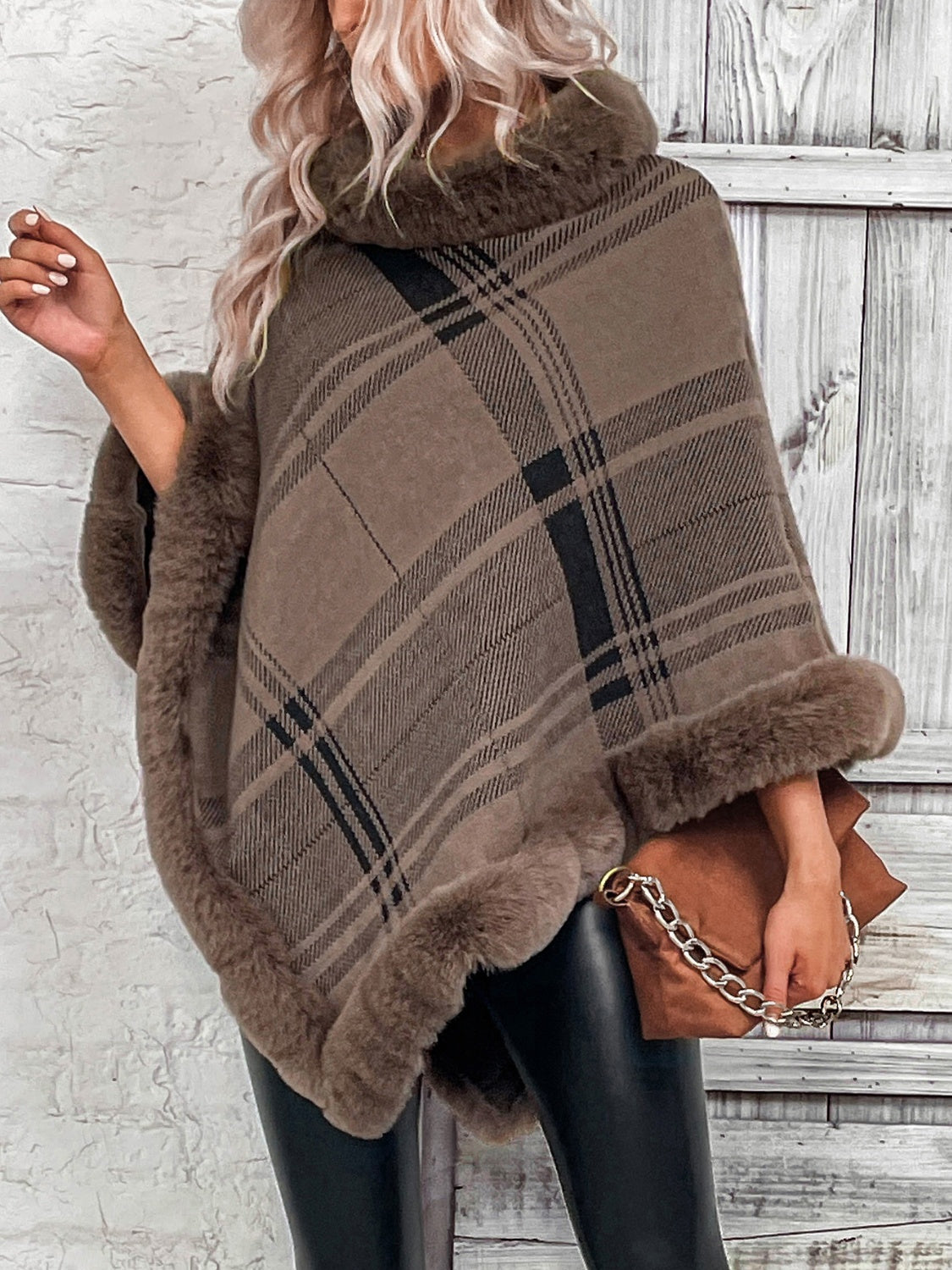 Plaid Faux Fur Trim Fashion Poncho Sweater