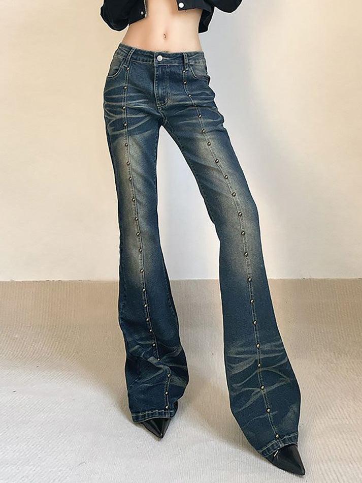 Mid Rise Washed Studded Flared Jeans