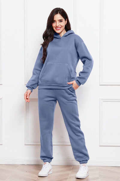 Drop Shoulder Long Sleeve Hoodie and Pants Set 2 Piece Sweater and Pants Set