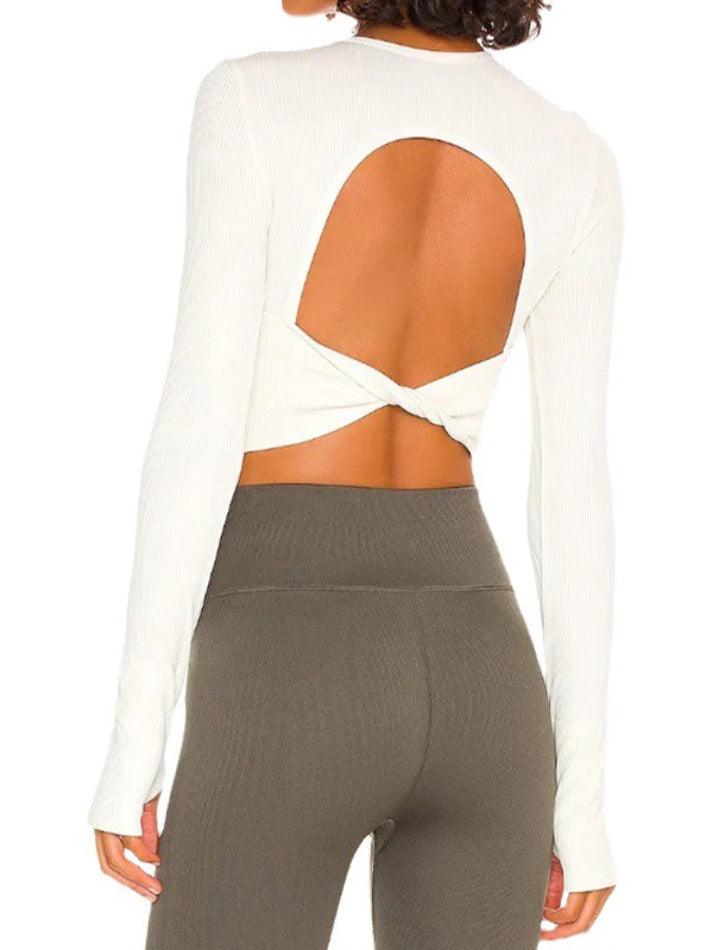 Sporty Solid Ribbed Twist Back Long Sleeve Tee - HouseofHalley