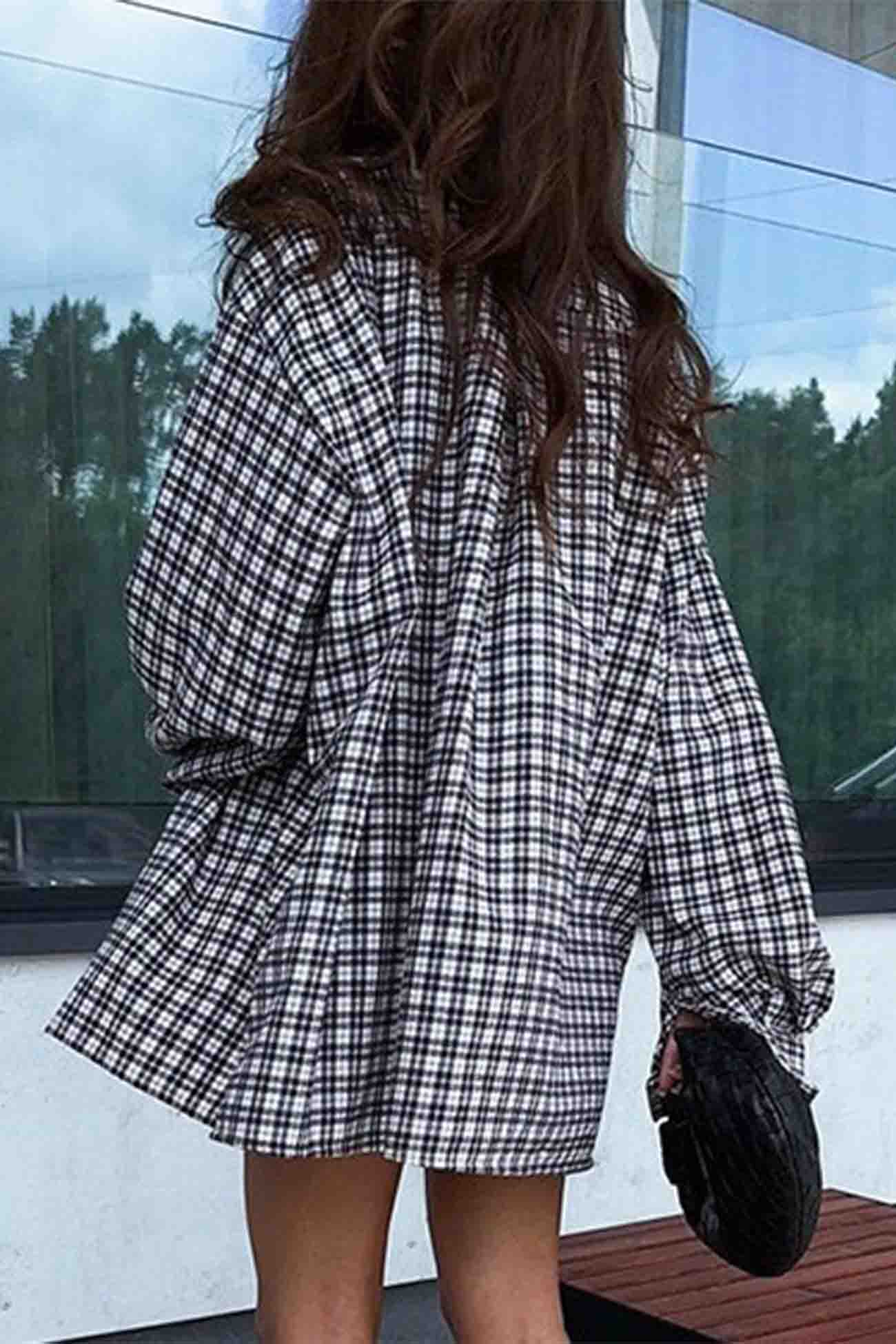 Plaid Drop Shoulder Lantern Sleeve Long Blouse