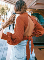 Women Openwork Knitted Tight Lantern Sleeve Bare Back Sweater