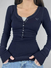 Vintage Embroidery Top-stitching Breasted Long Sleeve Tee - HouseofHalley