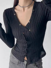 Solid Ribbed V Neck Twist Front Long Sleeve Knit - HouseofHalley