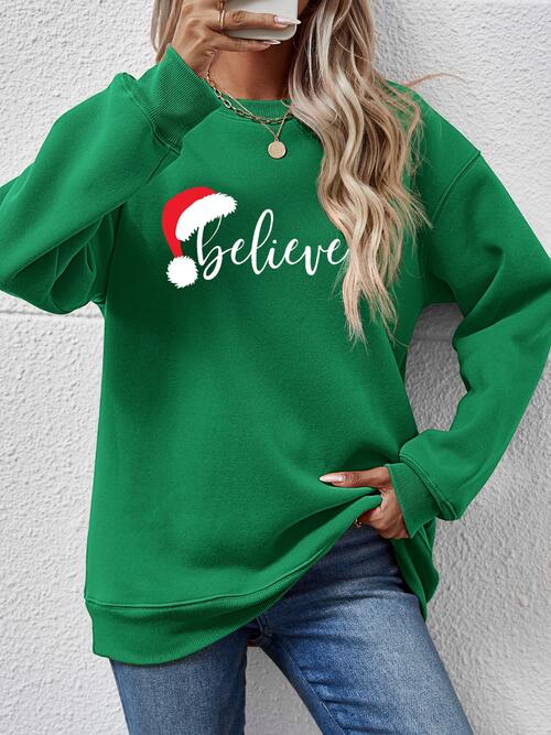 BELIEVE Graphic Long Sleeve Holiday Christmas Sweatshirt