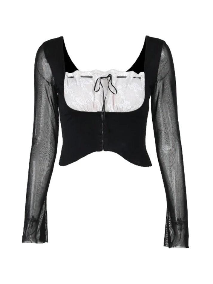 Lace Splice Mesh Tie Front Cropped Long Sleeve Tee - HouseofHalley