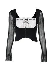 Lace Splice Mesh Tie Front Cropped Long Sleeve Tee - HouseofHalley