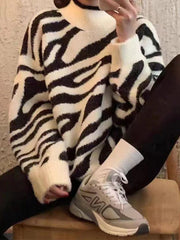 Zebra Jacquard Mock Neck Knit Sweater