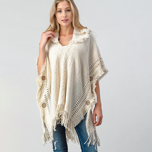 Fringed Crochet Buttoned Hooded Throw Over Poncho