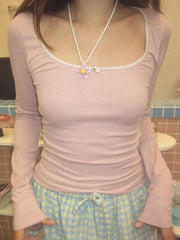 Contrast Color Lace Trim Slim Long Sleeve Knit - HouseofHalley