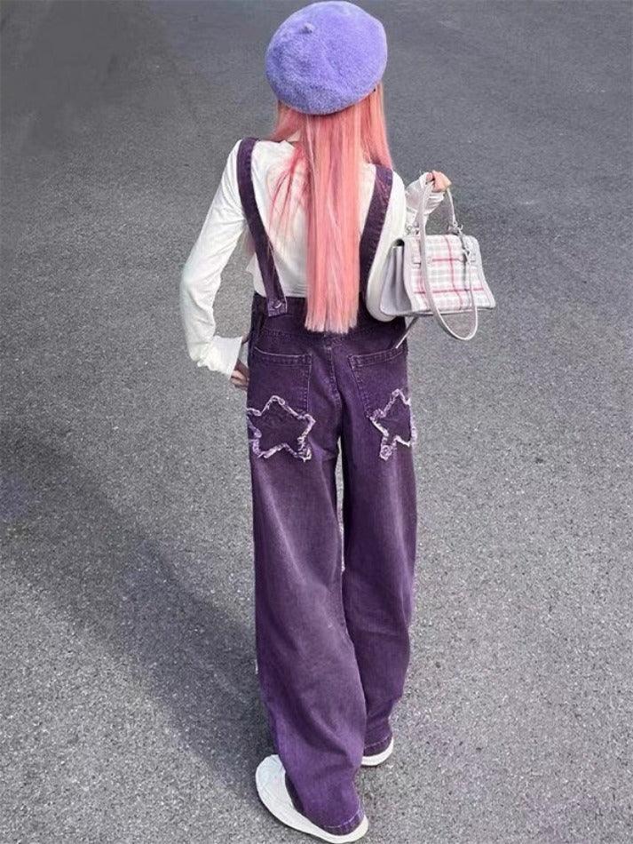 Star Patch Purple Boyfriend Denim Overalls - HouseofHalley
