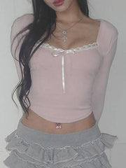 Long Sleeve Square-Neck Lace-Trim Bow Accent Crop Top - HouseofHalley