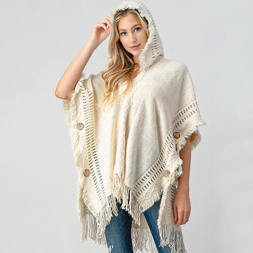 Fringed Crochet Buttoned Hooded Throw Over Poncho