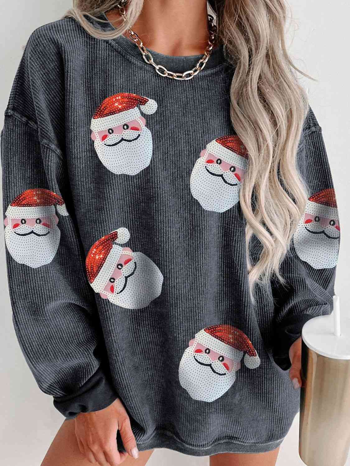 Sequin Santa Patch Ribbed Sweatshirt Christmas Sweater