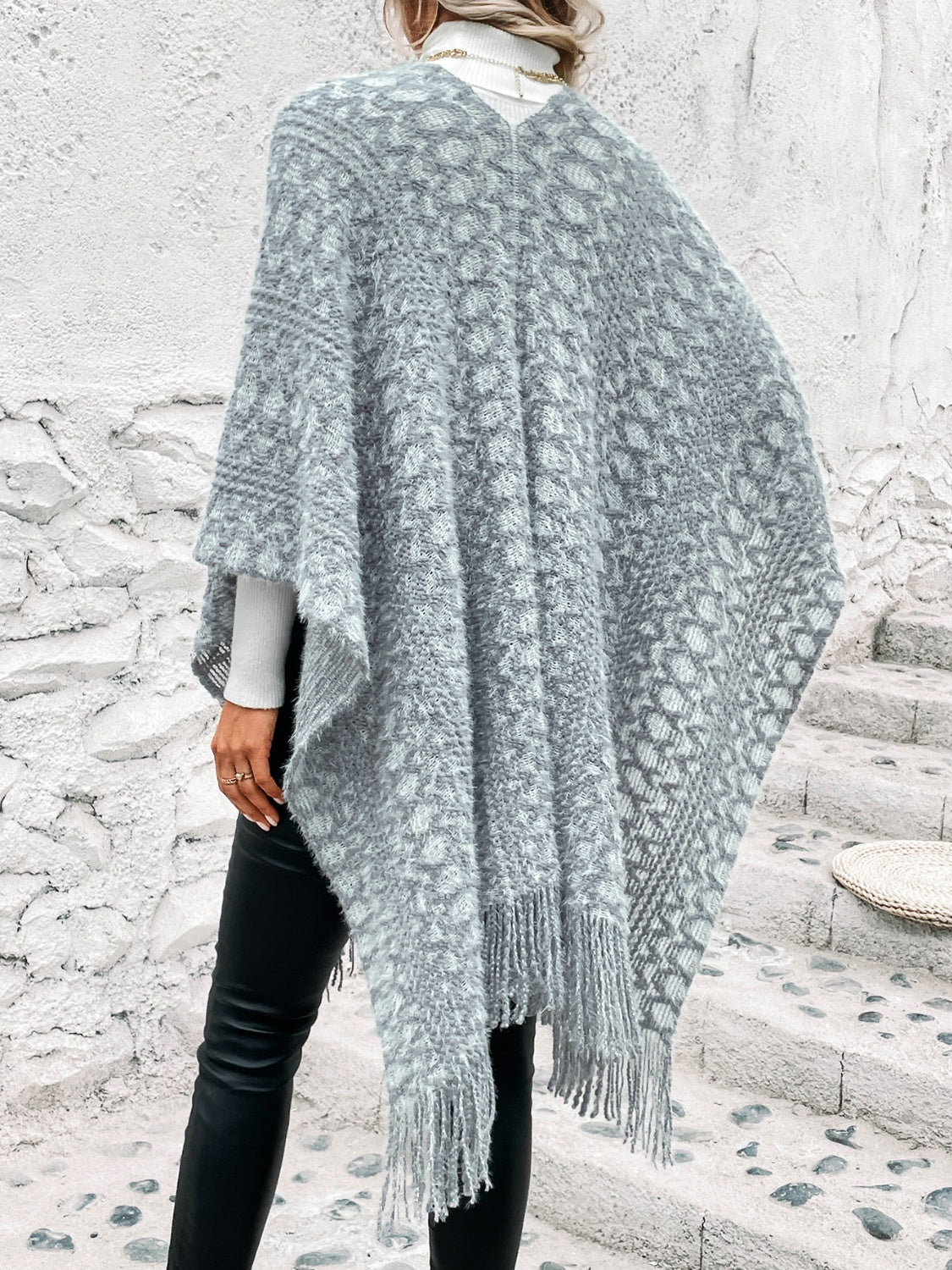 Open Front Fringe Hem Fashion Poncho Sweater