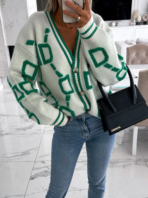 Geometric Dropped Shoulder Button Down Sweater Cardigan