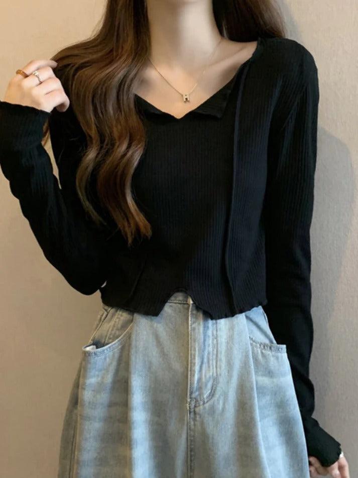 Solid V Neck Slit Hem Long Sleeve Knit - HouseofHalley