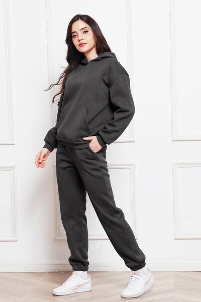 Drop Shoulder Long Sleeve Hoodie and Pants Set 2 Piece Sweater and Pants Set