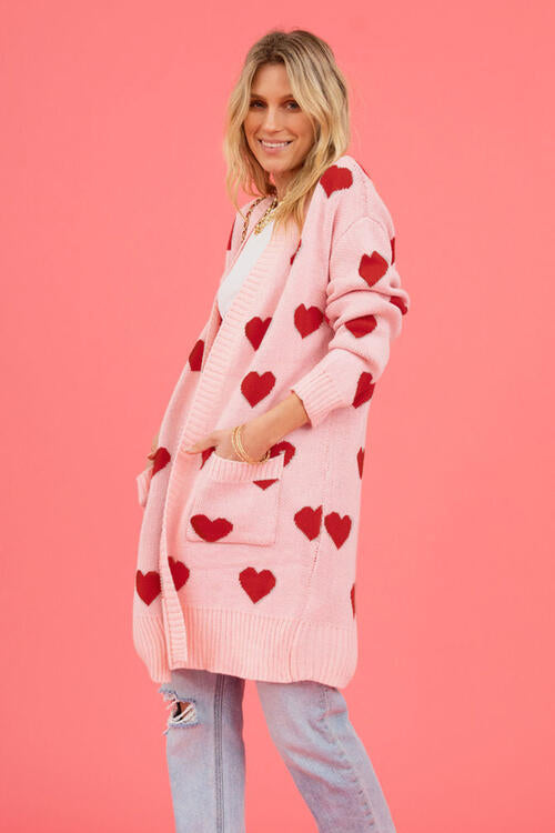 Heart Graphic Open Front Cardigan with Pockets Sweater