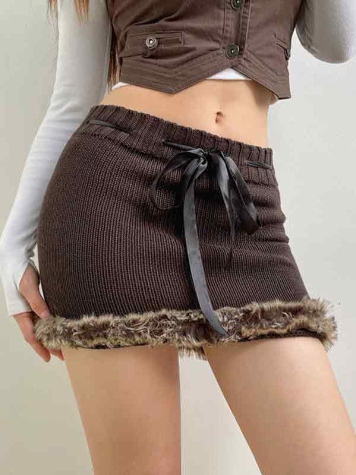 Plush Hem Ribbon Lace Up Mini Skirt - HouseofHalley