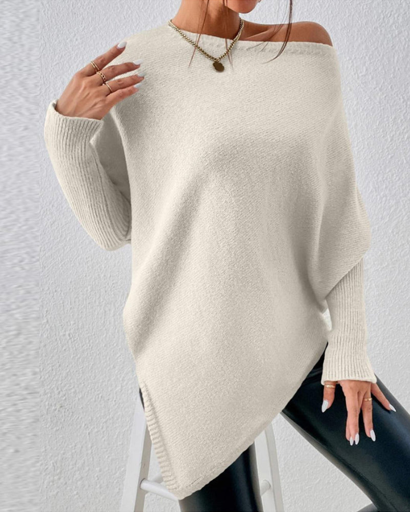 Solid Color Sweater with Irregular Hem